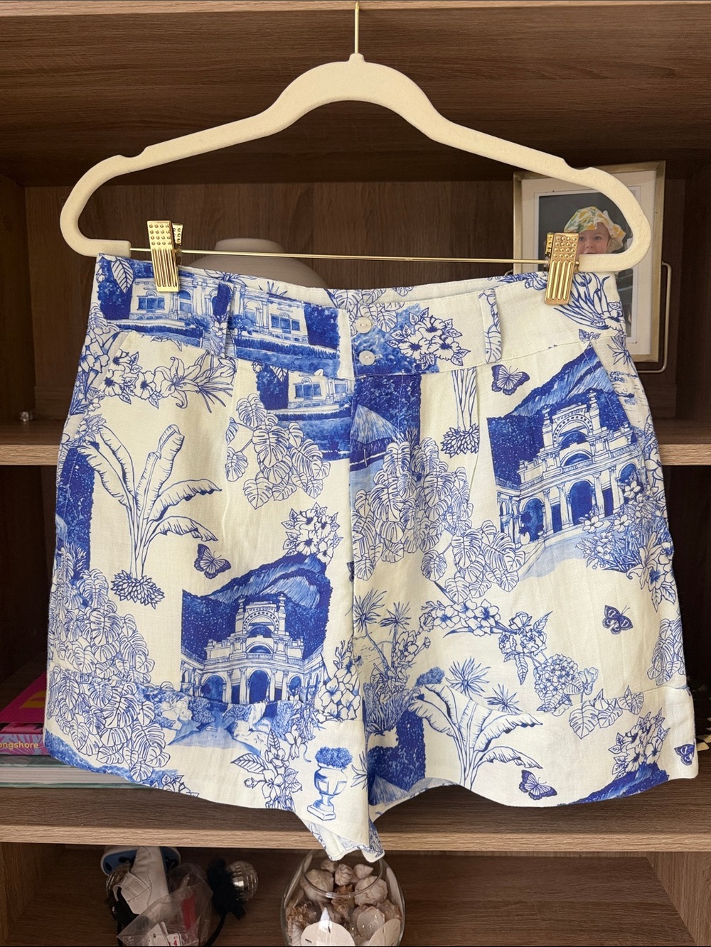 FARM Rio x Anthropologie Linen Blend Blue and White Print Shorts S